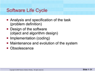 Software Life Cycle Analysis and specification of the task  (problem definition) Design of the software  (object and algorithm design) Implementation (coding) Maintenance and evolution of the system Obsolescence Slide 1-  