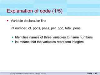 Explanation of code (1/5) Variable declaration line  int number_of_pods, peas_per_pod, total_peas; Identifies names of three variables to name numbers int means that the variables represent integers Slide 1-  