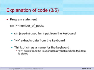 Explanation of code (3/5) Program statement cin >> number_of_pods; cin (see-in) used for input from the keyboard “ >>” extracts data from the keyboard  Think of cin as a name for the keyboard “ >>” points from the keyboard to a variable where the data  is stored Slide 1-  