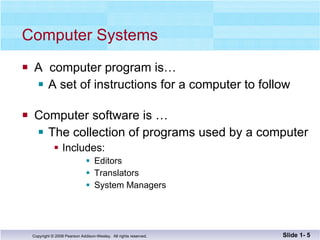 Computer Systems A  computer program is… A set of instructions for a computer to follow Computer software is … The collection of programs used by a computer Includes: Editors Translators System Managers Slide 1-  