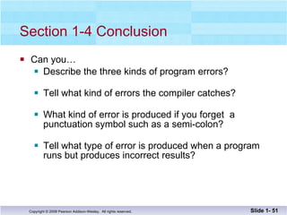 Section 1-4 Conclusion Can you… Describe the three kinds of program errors? Tell what kind of errors the compiler catches? What kind of error is produced if you forget  a  punctuation symbol such as a semi-colon? Tell what type of error is produced when a program  runs but produces incorrect results? Slide 1-  