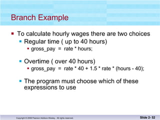 Branch Example To calculate hourly wages there are two choices Regular time ( up to 40 hours) gross_pay  =  rate * hours; Overtime ( over 40 hours) gross_pay  =  rate * 40 + 1.5 * rate * (hours - 40); The program must choose which of these  expressions to use Slide 2-  