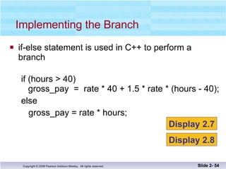 if-else statement is used in C++ to perform a  branch if (hours > 40) gross_pay  =  rate * 40 + 1.5 * rate * (hours - 40); else gross_pay = rate * hours; Implementing the Branch Slide 2-  Display 2.7 Display 2.8 