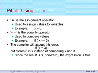 Pitfall: Using  =  or  == ' = ' is the assignment operator Used to assign values to variables Example:  x = 3; '= = ' is the equality operator Used to compare values Example:  if ( x == 3) The compiler will accept this error:     if (x = 3) but stores 3 in x instead of comparing x and 3 Since the result is 3 (non-zero), the expression is true Slide 2-  