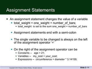 Assignment Statements An assignment statement changes the value of a variable total_weight = one_weight + number_of_bars;  total_weight  is set to the sum one_weight + number_of_bars  Assignment statements end with a semi-colon The single variable to be changed is always on the left of the assignment operator ‘=‘  On the right of the assignment operator can be Constants --  age = 21; Variables --  my_cost = your_cost; Expressions --  circumference = diameter * 3.14159; Slide 2-  