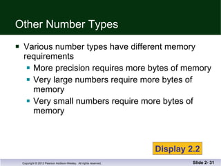 Other Number Types Various number types have different memory requirements More precision requires more bytes of memory Very large numbers require more bytes of memory Very small numbers require more bytes of memory Slide 2-  Display 2.2 