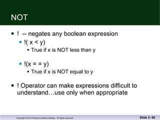 NOT !  -- negates any boolean expression !( x < y) True if x is NOT less than y !(x = = y) True if x is NOT equal to y ! Operator can make expressions difficult to  understand…use only when appropriate Slide 2-  