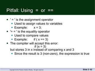Pitfall: Using  =  or  == ' = ' is the assignment operator Used to assign values to variables Example:  x = 3; '= = ' is the equality operator Used to compare values Example:  if ( x == 3) The compiler will accept this error:     if (x = 3) but stores 3 in x instead of comparing x and 3 Since the result is 3 (non-zero), the expression is true Slide 2-  