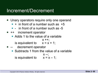 Increment/Decrement Unary operators require only one operand +  in front of a number such as  +5 -  in front of a number such as -5 ++  increment operator Adds 1 to the value of a variable   x ++;  is equivalent to  x = x + 1; --  decrement operator Subtracts 1 from the value of a variable   x --; is equivalent to  x = x – 1; Slide 2-  