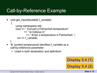 Call-by-Reference Example void get_input(double& f_variable)  {   using namespace std;   cout << “ Convert a Fahrenheit temperature”     << “ to Celsius.\n”   << “ Enter a temperature in Fahrenheit: “;    cin >> f_variable; }  ‘ &’ symbol (ampersand) identifies f_variable as a  call-by-reference parameter Used in both declaration and definition! Slide 5-  Display 5.4 (1) Display 5.4 (2) 