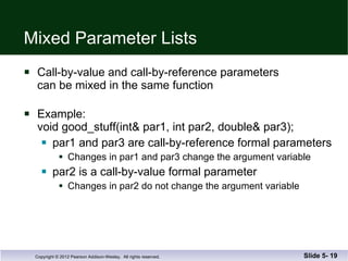 Mixed Parameter Lists Call-by-value and call-by-reference parameters  can be mixed in the same function Example: void good_stuff(int& par1, int par2, double& par3); par1 and par3 are call-by-reference formal parameters Changes in par1 and par3 change the argument variable par2 is a call-by-value formal parameter Changes in par2 do not change the argument variable Slide 5-  