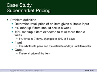 Case Study Supermarket Pricing Problem definition Determine retail price of an item given suitable input 5% markup if item should sell in a week 10% markup if item expected to take more than a  week 5% for up to 7 days, changes to 10% at 8 days Input The wholesale price and the estimate of days until item sells Output The retail price of the item Slide 5-  