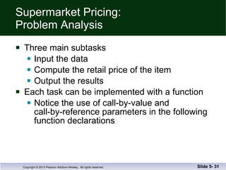 Supermarket Pricing: Problem Analysis Three main subtasks Input the data Compute the retail price of the item Output the results Each task can be implemented with a function Notice the use of call-by-value and  call-by-reference parameters in the following function declarations Slide 5-  