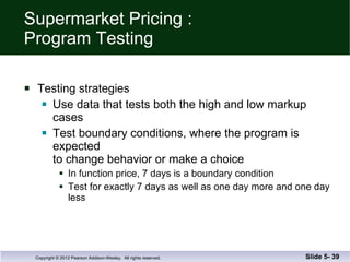 Supermarket Pricing : Program Testing Testing strategies Use data that tests both the high and low markup cases Test boundary conditions, where the program is expected to change behavior or make a choice In function price, 7 days is a boundary condition Test for exactly 7 days as well as one day more and one day less Slide 5-  
