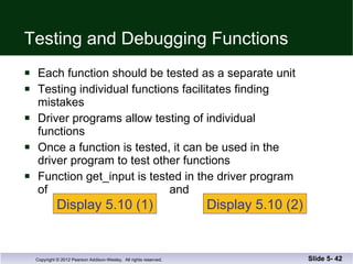 Testing and Debugging Functions Each function should be tested as a separate unit Testing individual functions facilitates finding  mistakes  Driver programs allow testing of individual  functions Once a function is tested, it can be used in the  driver program to test other functions Function get_input is tested in the driver program of  and  Slide 5-  Display 5.10 (1) Display 5.10 (2) 