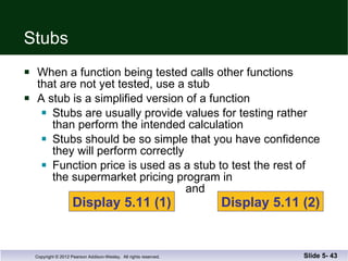 Stubs When a function being tested calls other functions that are not yet tested, use a stub A stub is a simplified version of a function Stubs are usually provide values for testing rather than perform the intended calculation Stubs should be so simple that you have confidence they will perform correctly Function price is used as a stub to test the rest of  the supermarket pricing program in   and  Slide 5-  Display 5.11 (1) Display 5.11 (2) 
