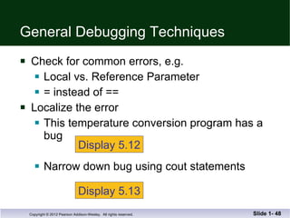 General Debugging Techniques Check for common errors, e.g. Local vs. Reference Parameter = instead of == Localize the error This temperature conversion program has a bug Narrow down bug using cout statements Slide 1-  Display 5.12 Display 5.13 