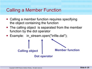 Calling a Member Function Calling a member function requires specifying  the object containing the function The calling object  is separated from the member  function by the dot operator Example:  in_stream.open("infile.dat"); Slide 6-  Calling object Dot operator Member function 