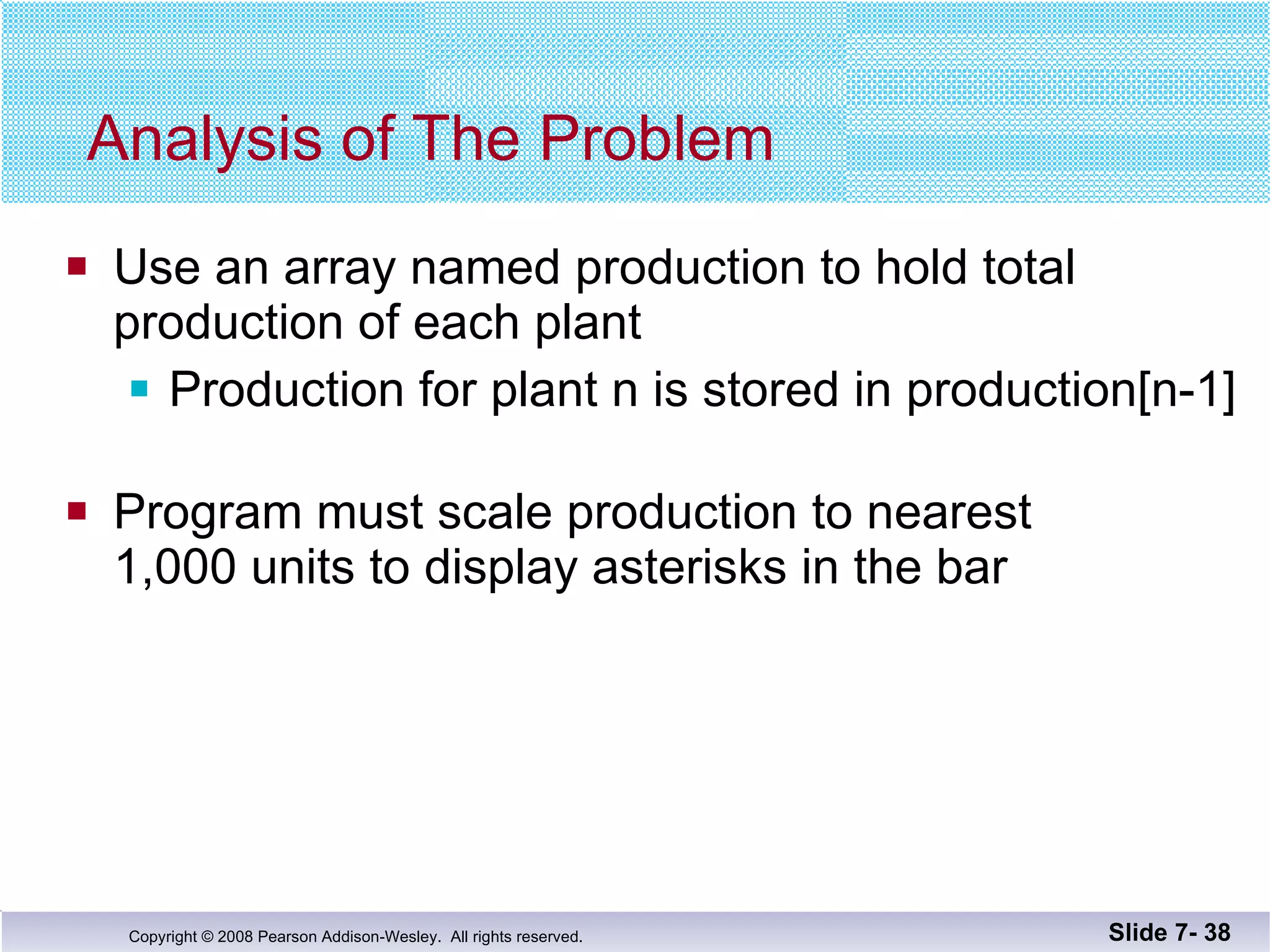 Analysis of The Problem Use an array named production to hold total  production of each plant Production for plant n is stored in production[n-1] Program must scale production to nearest  1,000 units to display asterisks in the bar Slide 7-  