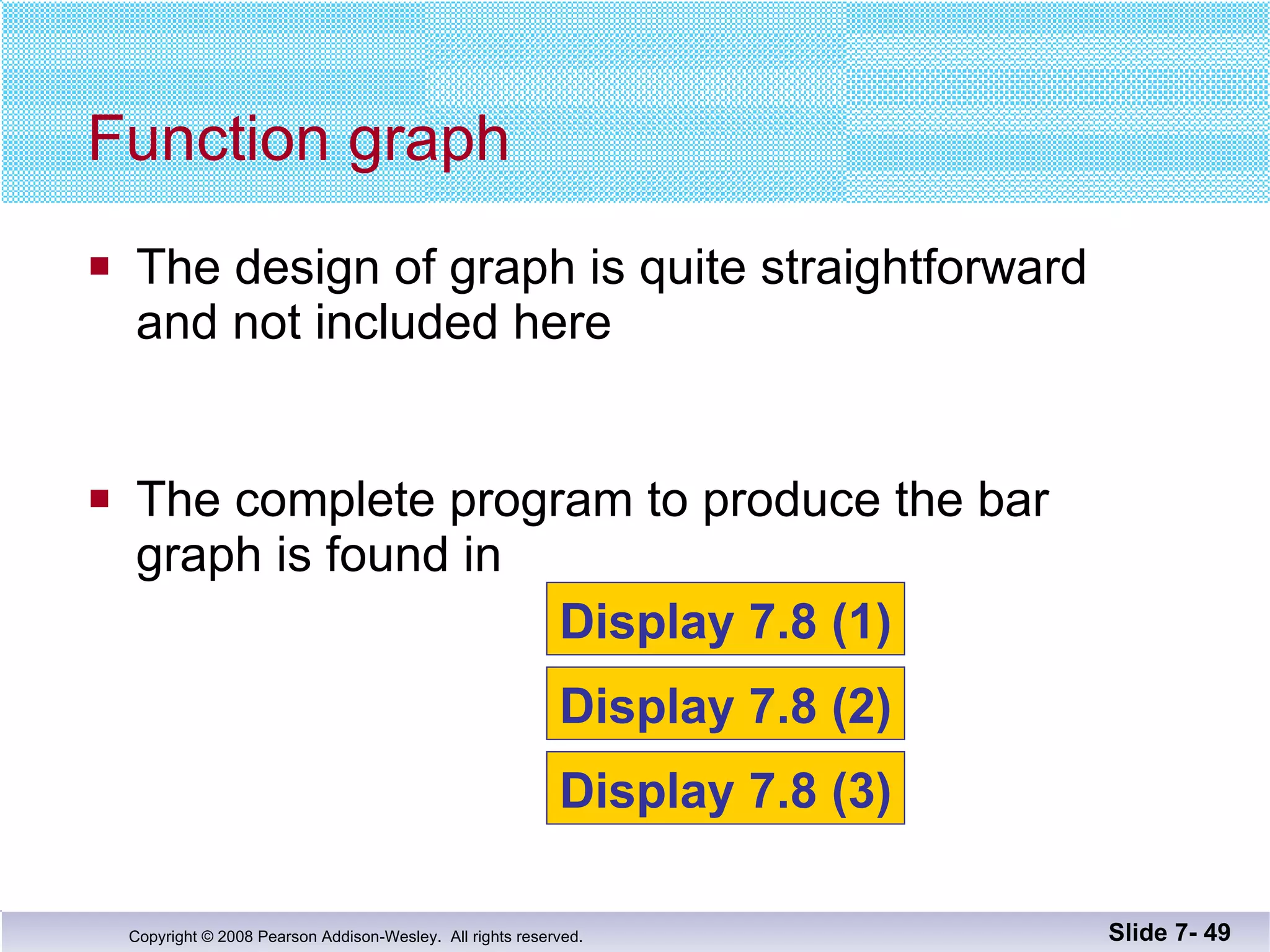 The design of graph is quite straightforward and not included here The complete program to produce the bar graph is found in  Function graph Slide 7-  Display 7.8 (1) Display 7.8 (2) Display 7.8 (3) 