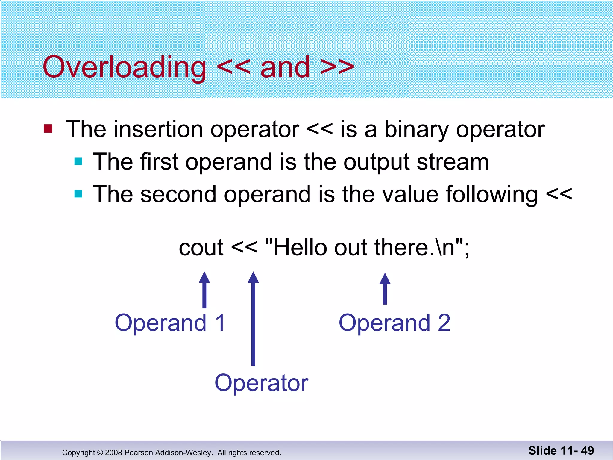 Overloading << and >> The insertion operator << is a binary operator The first operand is the output stream The second operand is the value following <<   cout << "Hello out there.\n"; Slide 11-  Operand 1 Operator Operand 2 