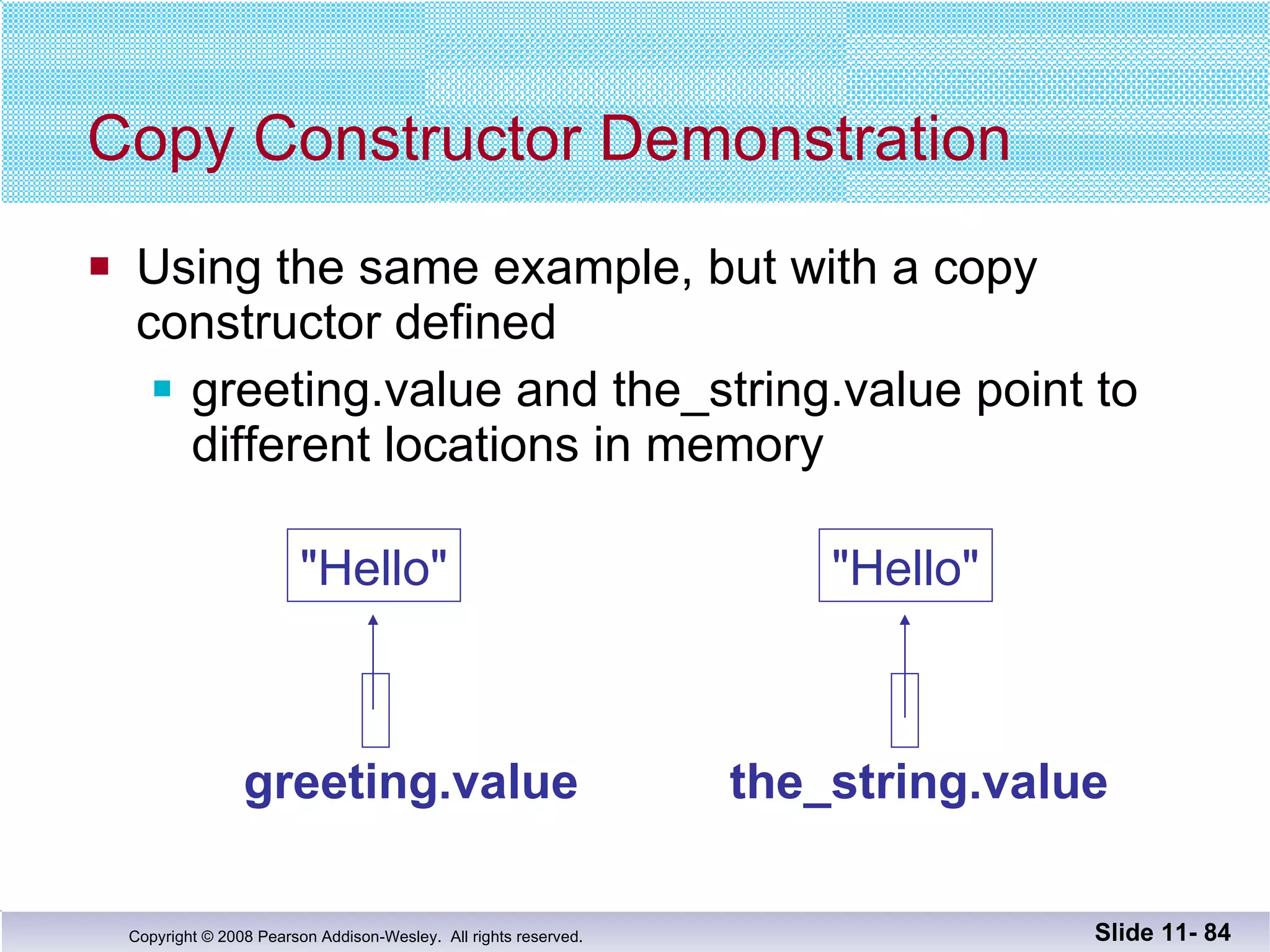 Copy Constructor Demonstration Using the same example, but with a copy constructor defined greeting.value and the_string.value point to  different locations in memory Slide 11-  greeting.value the_string.value "Hello" "Hello" 