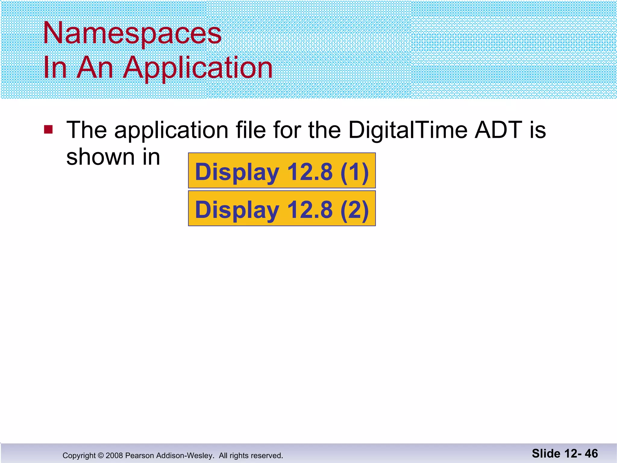 The application file for the DigitalTime ADT is shown in  Namespaces  In An Application Slide 12-  Display 12.8 (1) Display 12.8 (2) 