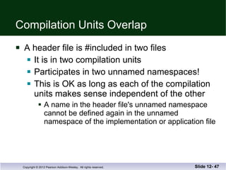 Compilation Units Overlap A header file is #included in two files It is in two compilation units Participates in two unnamed namespaces! This is OK as long as each of the compilation units makes sense independent of the other A name in the header file's unnamed namespace  cannot be defined again in the unnamed namespace of the implementation or application file Slide 12-  