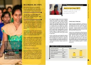 BeyondSkilling:CatalyzingTalent
49
,
SAVITRI
Deshpande Susandhi Fellowship Program (Frontline Management)
Alumna, 2016
Educational qualification
First generation learner
Pre-DET monthly household income
Sector of employment
Hailing from
Working in
BA
Yes
Rs. 9,000
Belgaum
Before DET After DET
15,000
9,000
Salary Increment (INR):
Sales
Belgaum
I learnt a lot from DET.
All that I know and that
I have a job, it is all
because of DET.
STUDENT PROFILE AND IMPACT POST-DET
DET’s approach to pedagogy is based not on bombarding
students with information, but on creating an engaging
and lively environment in which students feel relaxed
and yet imbibe key learnings. Savitri recalls a learning
activity that was particularly memorable to her, in which
students were tasked with an assignment to take a selfie
of a beautiful person. She remembers how students
went around the class asking people they thought were
beautiful if they could take a selfie with them. In the
end, the trainer posed a shocking question - why had
they not taken a selfie of themselves? For Savitri, this
question prompted an empowering realization of how
much she undervalued herself and the need to change
her perceptions.
Apart from improving her spoken English skills and being
exposed to digital technology and software, Savitri credits
DET with changing her at a deeper level – imbuing her
with a newfound sense of self esteem, the ability to take
initiative and problem-solve, and last but the not least, a
conviction that transformative change is possible if she
works hard.
Productive Careers: A happier place
Savitiri’s first job on graduating was a sales role at a
financial organization. She did not, however, enjoy this
and decided to leave after two months. With support
from the DET team, she was placed at a healthcare
organization – maintaining patient records and guiding
patients. Having joined as a Service Executive, she has
now been promoted to Service Head.
Her job involves counseling patients and motivating them
to continue treatment. Both tasks allow her to apply the
various motivation techniques she learnt at DET. Today
Savitri earns more than she ever thought possible
and has been able to support her family. “We are on
track with paying off the loan,” she says, smiling. While
the quantifiable impact of increased income is clearly
evinced, what shines through is the immeasurable impact
of DET’s effort in facilitating the growth of a confident
young woman.
WHAT WORKED FOR SAVITRI
DSF
“With a lot of dedication to the work they
do, Deshpande Educational Trust’s fellows
have proved themselves to be patient,
calm and highly professional individuals.”
- Emmanual, Homeocare International
Pvt. Ltd.
•	 English communication
•	 Basic computing skills
•	 Critical thinking
•	 Risk-taking
BIG DREAMS, BIG STEPS
When family income drops, why does the
girl-child suffer the most in terms of educa-
tion and quality of life? DET’s intervention
shows Savitri a way out of this situation and
presents her with a new set of opportunities.
“Marriages are expensive affairs,” says Savitri pensively.
“My sister’s marriage took a big toll on our family.
Overnight we had a Rs 70,000 loan which had to be
paid off.” Her family, consisting of five members, lived
mostly off the income brought in by agriculture. Their
village of Chikkodi offered no opportunities for any other
kind of occupation, with most subsisting on smallholder
agriculture.
A topper in her school and college, Savitri was one of the
most promising students in her village, even receiving
awards for social work for her role in supporting the
building of toilets in the village. Already a BA graduate,
she aspired to study further and complete her MA.
There is considerable evidence ssuggesting that in BOP
families, a girl’s education is more affected by family
income volatility than that of boys. In Savitri’s case, as
well, her family asked her to put her studies on hold and
work to help pay off the loan. “I had to find a job quick,”
she says. It was at this time that the DET team came to
her college to talk about the program. Seeing a unique
opportunity to quickly get a job and help her family,
Savitri decided to join the DSF program.
The DET Experience: New roads to be crossed
Her low-income background notwithstanding, Savitri found
that life at DET presented a new set of challenges that she
had never experienced before. “I was sharing a bathroom
with 13 other girls. It was something I had taken for granted
at home.” At DET, the residential nature of the course is
designed deliberately to ensure that students develop the
ability to cope with high levels of pressure and rigor. As a
teaching method, it has been found to be more effective
than any theory class on discipline or time management.
“As a girl-child, I was always taught that
my needs should come last. At DET, I
learnt to value myself and my goals – after
all, if I don’t, who will?”
 