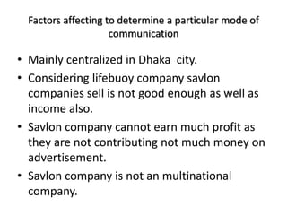 Factors affecting to determine a particular mode of
communication
• Mainly centralized in Dhaka city.
• Considering lifebuoy company savlon
companies sell is not good enough as well as
income also.
• Savlon company cannot earn much profit as
they are not contributing not much money on
advertisement.
• Savlon company is not an multinational
company.
 
