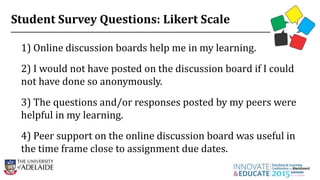Student Survey Questions: Likert Scale
1) Online discussion boards help me in my learning.
2) I would not have posted on the discussion board if I could
not have done so anonymously.
3) The questions and/or responses posted by my peers were
helpful in my learning.
4) Peer support on the online discussion board was useful in
the time frame close to assignment due dates.
7
 