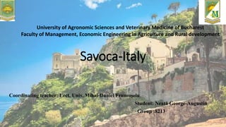 Savoca-Italy
Coordinating teacher: Lect. Univ. Mihai-Daniel Frumușelu
Student: Neață George-Augustin
Group :8213
University of Agronomic Sciences and Veterinary Medicine of Bucharest
Faculty of Management, Economic Engineering in Agriculture and Rural development
 
