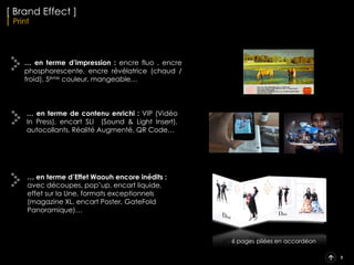 MONDADORI SHOWROOM
[ Brand Effect ]
Des opérations spéciales exceptionnelles !
"Never Done Before" : Waouh Effect
Sur-couvertures, plus-produits, encarts
évènementiels, formats exceptionnels, effets de
matière, impressions et finitions spécifiques...
BUSINESS SOLUTIONS MONDADORI
Format
Waouh
 