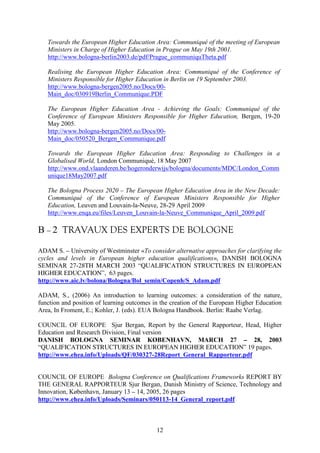Towards the European Higher Education Area: Communiqué of the meeting of European 
Ministers in Charge of Higher Education in Prague on May 19th 2001. 
http://www.bologna-berlin2003.de/pdf/Prague_communiquTheta.pdf 
Realising the European Higher Education Area: Communiqué of the Conference of 
Ministers Responsible for Higher Education in Berlin on 19 September 2003. 
http://www.bologna-bergen2005.no/Docs/00- 
Main_doc/030919Berlin_Communique.PDF 
The European Higher Education Area - Achieving the Goals: Communiqué of the 
Conference of European Ministers Responsible for Higher Education, Bergen, 19-20 
May 2005. 
http://www.bologna-bergen2005.no/Docs/00- 
Main_doc/050520_Bergen_Communique.pdf 
Towards the European Higher Education Area: Responding to Challenges in a 
Globalised World, London Communiqué, 18 May 2007 
http://www.ond.vlaanderen.be/hogeronderwijs/bologna/documents/MDC/London_Comm 
unique18May2007.pdf 
The Bologna Process 2020 – The European Higher Education Area in the New Decade: 
Communiqué of the Conference of European Ministers Responsible for Higher 
Education, Leuven and Louvain-la-Neuve, 28-29 April 2009 
http://www.enqa.eu/files/Leuven_Louvain-la-Neuve_Communique_April_2009.pdf 
B – 2 TRAVAUX DES EXPERTS DE BOLOGNE 
ADAM S. – University of Westminster «To consider alternative approaches for clarifying the 
cycles and levels in European higher education qualifications», DANISH BOLOGNA 
SEMINAR 27-28TH MARCH 2003 “QUALIFICATION STRUCTURES IN EUROPEAN 
HIGHER EDUCATION”, 63 pages. 
http://www.aic.lv/bolona/Bologna/Bol_semin/Copenh/S_Adam.pdf 
ADAM, S., (2006) An introduction to learning outcomes: a consideration of the nature, 
function and position of learning outcomes in the creation of the European Higher Education 
Area, In Froment, E.; Kohler, J. (eds). EUA Bologna Handbook. Berlin: Raabe Verlag. 
COUNCIL OF EUROPE Sjur Bergan, Report by the General Rapporteur, Head, Higher 
Education and Research Division, Final version 
DANISH BOLOGNA SEMINAR KØBENHAVN, MARCH 27 – 28, 2003 
“QUALIFICATION STRUCTURES IN EUROPEAN HIGHER EDUCATION” 19 pages. 
http://www.ehea.info/Uploads/QF/030327-28Report_General_Rapporteur.pdf 
COUNCIL OF EUROPE Bologna Conference on Qualifications Frameworks REPORT BY 
THE GENERAL RAPPORTEUR Sjur Bergan, Danish Ministry of Science, Technology and 
Innovation, København, January 13 – 14, 2005, 26 pages 
http://www.ehea.info/Uploads/Seminars/050113-14_General_report.pdf 
12 
 