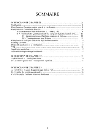 SOMMAIRE 
BIBLIOGRAPHIE CHAPITRE1 ………………………………………………………2 
Certification………………………………………………………………………………….. 2 
Compétences et formation tout au long de la vie (france)…………………………………… 4 
Compétences et certification (Europe)……………………………………………………….. 6 
A- Cadre Européen de Certification CEC – EQF (LLL) …………………………….. 8 
B- A Framework for Qualifications of The European Higher Education Area…… 10 
B1– Les communiqués officiels du processus de Bologne………………. 10 
B2 – Travaux des experts de Bologne …………………………………… 11 
Compétences et politiques éducatives. Spécificités nationales………………….………… 14 
Learning Outcomes……………………………………………………………………… 15 
Dispositifs auxiliaires de la certification ……………………………………….………… 15 
VAE ………………………………………………………………………………………. 15 
Supplément au diplôme…………………………………………………………………….. 17 
Sécurisation des parcours professionnels………………………………………………… 17 
BIBLIOGRAPHIE CHAPITRE 2……………………………………………………. 19 
A –Référentiels et Learning Outcomes …………………………………………………….. 19 
B – Assurance qualité dans l’enseignement supérieur……………………………………… 21 
BIBLIOGRAPHIE CHAPITRE 3 ………………………………………………….. 24 
A – Eportfolios et acquis d’apprentissage. Etat de l’art …………………………………… 24 
B – Synthèse des expériences étrangères ………………………………………………….. 26 
C – Référentiels, Profils de formation, Evaluation …………………………………………. 29 
2 
 