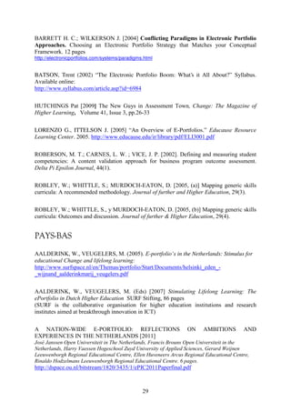 BARRETT H. C.; WILKERSON J. [2004] Conflicting Paradigms in Electronic Portfolio 
Approaches. Choosing an Electronic Portfolio Strategy that Matches your Conceptual 
Framework. 12 pages 
http://electronicportfolios.com/systems/paradigms.html 
BATSON, Trent (2002) “The Electronic Portfolio Boom: What’s it All About?” Syllabus. 
Available online: 
http://www.syllabus.com/article.asp?id=6984 
HUTCHINGS Pat [2009] The New Guys in Assessment Town, Change: The Magazine of 
Higher Learning, Volume 41, Issue 3, pp.26-33 
LORENZO G., ITTELSON J. [2005] “An Overview of E-Portfolios.” Educause Resource 
Learning Center. 2005. http://www.educause.edu/ir/library/pdf/ELI3001.pdf 
ROBERSON, M. T.; CARNES, L. W. ; VICE, J. P. [2002]. Defining and measuring student 
competencies: A content validation approach for business program outcome assessment. 
Delta Pi Epsilon Journal, 44(1). 
ROBLEY, W.; WHITTLE, S.; MURDOCH-EATON, D. [2005, (a)] Mapping generic skills 
curricula: A recommended methodology. Journal of further and Higher Education, 29(3). 
ROBLEY, W.; WHITTLE, S., y MURDOCH-EATON, D. [2005, (b)] Mapping generic skills 
curricula: Outcomes and discussion. Journal of further & Higher Education, 29(4). 
PAYS-BAS 
AALDERINK, W., VEUGELERS, M. (2005). E-portfolio’s in the Netherlands: Stimulus for 
educational Change and lifelong learning: 
http://www.surfspace.nl/en/Themas/portfolio/Start/Documents/helsinki_eden_- 
_wijnand_aalderinkmarij_veugelers.pdf 
AALDERINK, W., VEUGELERS, M. (Eds) [2007] Stimulating Lifelong Learning: The 
ePortfolio in Dutch Higher Education SURF Stifting, 86 pages 
(SURF is the collaborative organisation for higher education institutions and research 
institutes aimed at breakthrough innovation in ICT) 
A NATION-WIDE E-PORTFOLIO: REFLECTIONS ON AMBITIONS AND 
EXPERIENCES IN THE NETHERLANDS [2011] 
José Janssen Open Universiteit in The Netherlands, Francis Brouns Open Universiteit in the 
Netherlands, Harry Vaessen Hogeschool Zuyd University of Applied Sciences, Gerard Weijnen 
Leeuwenborgh Regional Educational Centre, Ellen Huveneers Arcus Regional Educational Centre, 
Rinaldo Hodzelmans Leeuwenborgh Regional Educational Centre. 6 pages. 
http://dspace.ou.nl/bitstream/1820/3435/1/ePIC2011Paperfinal.pdf 
29 
 