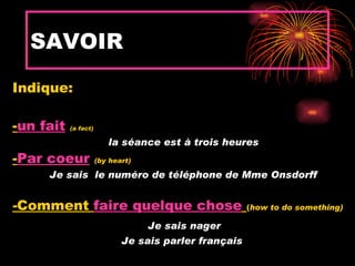 SAVOIR

Indique:

-un fait   (a fact)

                         la séance est à trois heures
-Par coeur            (by heart)

     Je sais le numéro de téléphone de Mme Onsdorff


-Comment faire quelque chose                           (how to do something)

                                   Je sais nager
                             Je sais parler français
 