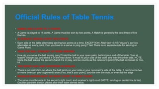 Official Rules of Table Tennis
• GAMES ARE PLAYED TO 11 POINTS
• A Game is played to 11 points. A Game must be won by two points. A Match is generally the best three of five
Games.
• ALTERNATE SERVES EVERY TWO POINTS
• Each side of the table alternates serving two points at a time. EXCEPTION: After tied 10-10 (“deuce”), service
alternates at every point. Can you lose on a serve in ping pong? Yes! There is no separate rule for serving on
Game Point.
• TOSS THE BALL STRAIGHT UP WHEN SERVING
• How do you serve the ball in ping pong? Hold the ball in your open palm, behind your end of the table. Toss at
least 6” straight up, and strike it on the way down. It must hit your side of the table and then the other side. NOTE:
Once the ball leaves the server’s hand it is in play, and so counts as the receiver’s point if the ball is missed or mis-
hit.
• THE SERVE CAN LAND ANYWHERE IN SINGLES
• There is no restriction on where the ball lands on your side or your opponent’s side of the table. It can bounce two
or more times on your opponent’s side (if so, that’s your point), bounce over the side, or even hit the edge
• DOUBLES SERVES MUST GO RIGHT COURT TO RIGHT COURT
• The serve must bounce in the server’s right court, and receiver’s right court (NOTE: landing on center line is fair).
Doubles partners switch places after their team serves twice.
 