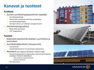 10
Asiakkaat
1. Suurten aurinkolämpöjärjestelmien käyttäjät
• Aurinkokaukolämpö
• Teollisuuden prosessien lämmitys ja jäähdytys
• Aurinkolämpöjäähdytys
• Vanhojen kerros- ja rivitalojen energiaremontit
2. Järjestelmäintegraattorit
• Myös OEM valmistajat
• PVT-integraattorit
Tuotteet
1. Kokonaiset järjestelmät sisältäen suunnittelun ja
asennuksen
2. Aurinkolämpökeräimet (+komponentit)
• Suurkeräimet
• Standardikeräimet (2 m2) pienempiin järjestelmiin
3. Absorberit (jos volyymit & katteet riittävän isoja)
• Suoravirtausabsorberit huippuluokan optisella pinnoitteella,
asiakkaan mittoihin räätälöitynä
• MPE profiileista tehdyt absorberit
• Roll bond absorberit
• PVT-absorberit
Kanavat ja tuotteet
 