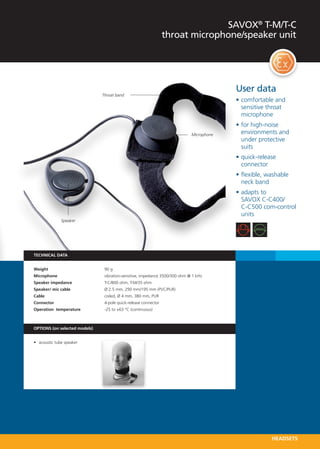 SAVOX® T-M/T-C
                                                                 throat microphone/speaker unit




                                                                                          User data
                               Throat band
                                                                                          •	comfortable and
                                                                                            sensitive throat
                                                                                            microphone
                                                                                          •	for high-noise
                                                                             Microphone     environments and
                                                                                            under protective
                                                                                            suits
                                                                                          •	quick-release
                                                                                            connector
                                                                                          •	flexible, washable
                                                                                            neck band
                                                                                          •	adapts to
                                                                                            SAVOX C-C400/
                                                                                            C-C500 com-control
                                                                                            units
               Speaker




TECHNICAL DATA


Weight 	                        90 g
Microphone 	                    vibration-sensitive, impedance 3500/300 ohm @ 1 kHz
Speaker impedance 	             T-C/800 ohm, T-M/35 ohm
Speaker/ mic cable 	            Ø 2.5 mm, 290 mm/195 mm (PVC/PUR)
Cable 	                         coiled, Ø 4 mm, 380 mm, PUR
Connector 	                     4-pole quick-release connector
Operation  temperature	         -25 to +63 °C (continuous)



OPTIONS (on selected models)


•	 acoustic tube speaker




                                                                                                       HEADSETS
 