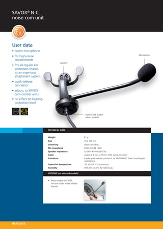 SAVOX® N-C
noise-com unit




User data
•	boom microphone
                                                                                                                     Microphone
•	for high-noise
  environments
                                        Speaker
•	fits all regular ear
  protectors thanks
  to an ingenious
  attachment system
•	quick-release
  connector
•	adapts to SAVOX
  com-control units
•	no effect on hearing
  protection level


                                                             Push-to-talk button
                                                             (direct models)




                         TECHNICAL DATA


                         Weight 	                           81 g
                         Size 	                             70 x 175 mm
                         Directivity	                       noise-cancelling
                         Mic impedance 	                    2500 ohm @ 1 kHz
                         Speaker impedance 	                32 ohm @ 1kHz (±15%)
                         Cable 	                            coiled, Ø 4 mm, 270 mm, PUR, flame-retardant
                         Connector 	                        4-pole quick-release connector or SAVOX® NC Direct according to 	
                                                            radio/phone
                         Operation temperature   	          -25 to +63 °C (continuous)
                         Humidity  	                        95% RH, +63 °C for 500 hours

                         OPTIONS (on selected models)


                         •	 direct models with VOX
                            function (radio model related
                            feature)




HEADSETS
 