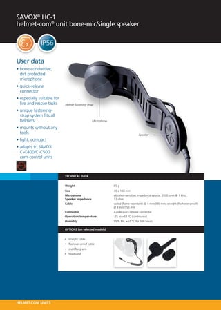 SAVOX® HC-1
helmet-com® unit bone-mic/single speaker




User data
•	bone-conductive,
  dirt protected
  microphone
•	quick-release
  connector
•	especially suitable for
  fire and rescue tasks     Helmet fastening strap

•	unique fastening-
  strap system fits all
  helmets                                         Microphone

•	mounts without any
  tools                                                                            Speaker
•	light, compact
•	adapts to SAVOX
  C-C400/C-C500
  com-control units



                            TECHNICAL DATA


                            Weight 	                           85 g
                            Size 	                             40 x 160 mm
                            Microphone 	                       vibration-sensitive, impedance approx. 3500 ohm @ 1 kHz,
                            Speaker Impedance	                 32 ohm
                            Cable 	                            coiled (flame-retardant): Ø 4 mm/380 mm; straight (flashover-proof):
                            	                                  Ø 4 mm/750 mm
                            Connector 	                        4-pole quick-release connector
                            Operation temperature   	          -25 to +63 °C (continuous)
                            Humidity 	                         95% RH, +63 °C for 500 hours

                            OPTIONS (on selected models)


                            •	 straight cable
                            •	 flashover-proof cable
                            •	 short/long arm
                            •	 headband




HELMET-COM UNITS
 
