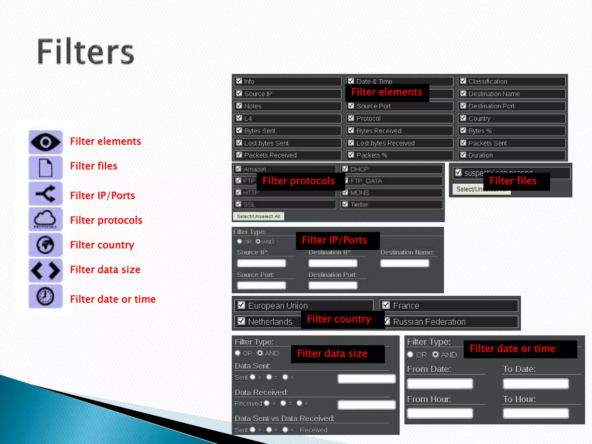 Filter elements 
Filter files 
Filter IP/Ports 
Filter protocols 
Filter country 
Filter data size 
Filter date or time 
Filter elements 
Filter files 
Filter protocols 
Filter IP/Ports 
Filter country 
Filter data size 
Filter date or time 
 