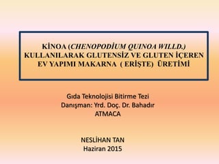 KİNOA (CHENOPODİUM QUINOA WILLD.)
KULLANILARAK GLUTENSİZ VE GLUTEN İÇEREN
EV YAPIMI MAKARNA ( ERİŞTE) ÜRETİMİ
Gıda Teknolojisi Bitirme Tezi
Danışman: Yrd. Doç. Dr. Bahadır
ATMACA
NESLİHAN TAN
Haziran 2015
 