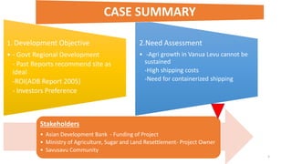 1. Development Objective
• - Govt Regional Development
- Past Reports recommend site as
ideal
-ROI(ADB Report 2005)
- Investors Preference
2.Need Assessment
• -Agri growth in Vanua Levu cannot be
sustained
-High shipping costs
-Need for containerized shipping
5
Stakeholders
• Asian Development Bank - Funding of Project
• Ministry of Agriculture, Sugar and Land Resettlement- Project Owner
• Savusavu Community
CASE SUMMARY
 