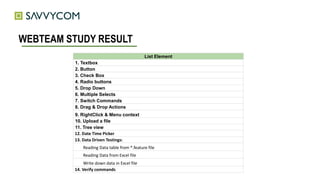 WEBTEAM STUDY RESULT
List Element
1. Textbox
2. Button
3. Check Box
4. Radio buttons
5. Drop Down
6. Multiple Selects
7. Switch Commands
8. Drag & Drop Actions
9. RightClick & Menu context
10. Upload a file
11. Tree view
12. Date Time Picker
13. Data Driven Testings:
Reading Data table from *.feature file
Reading Data from Excel file
Write down data in Excel file
14. Verify commands
 