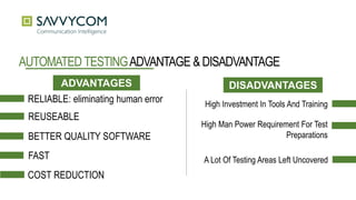 AUTOMATEDTESTINGADVANTAGE &DISADVANTAGE
ADVANTAGES
RELIABLE: eliminating human error
REUSEABLE
BETTER QUALITY SOFTWARE
FAST
COST REDUCTION
DISADVANTAGES
High Investment In Tools And Training
High Man Power Requirement For Test
Preparations
A Lot Of Testing Areas Left Uncovered
 
