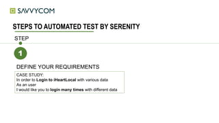 STEPS TO AUTOMATED TEST BY SERENITY
+
1
STEP
DEFINE YOUR REQUIREMENTS
CASE STUDY:
In order to Login to iHeartLocal with various data
As an user
I would like you to login many times with different data
 