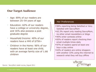 Our Target Audience

       Age: 89% of our readers are
        between 25–54 years of age              Her Preferences
       Education: 62% of our readers           98% reporting being Satisfied or Very
        have a college or university degree,     Satisfed with SavvyMom
        and 16% also possess a post             62.3% report only reading SavvyMom,
        graduate degree                          no other email newsletters or blogs
                                                95% enter contests online
       Household Income: 40% of our
                                                65% of readers report checking their
        readers have a HHI of $75K+              email multiple times daily
       Children in the Home: 96% of our        97% of readers spend at least one
                                                 hour a day online
        readers have at least one child,
                                                63% of readers are online shoppers
        with an average family size of 1.66
                                                 with another 33% using the internet to
        children                                 research what they will buy offline




Source: SavvyMom reader survey, August 2011


      4 • SavvyMom Media
 