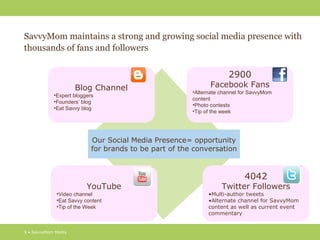 SavvyMom maintains a strong and growing social media presence with
thousands of fans and followers


                                                                     2900
                     Blog Channel                            Facebook Fans
                                                       •Alternate channel for SavvyMom
            •Expert bloggers
                                                       content
            •Founders’ blog
                                                       •Photo contests
            •Eat Savvy blog
                                                       •Tip of the week




                           Our Social Media Presence= opportunity
                           for brands to be part of the conversation


                                                                           4042
                         YouTube                                  Twitter Followers
             •Video channel                                  •Multi-author tweets
             •Eat Savvy content                              •Alternate channel for SavvyMom
             •Tip of the Week                                content as well as current event
                                                             commentary


9 • SavvyMom Media
 